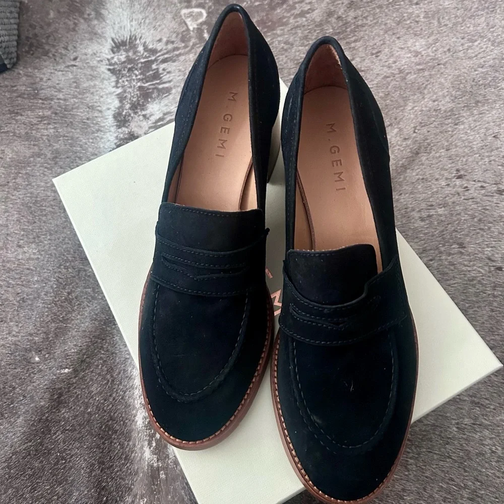 M. Gemi Adelaide Black Suede Block Heel Loafers with Wood Heel - 39.5 new